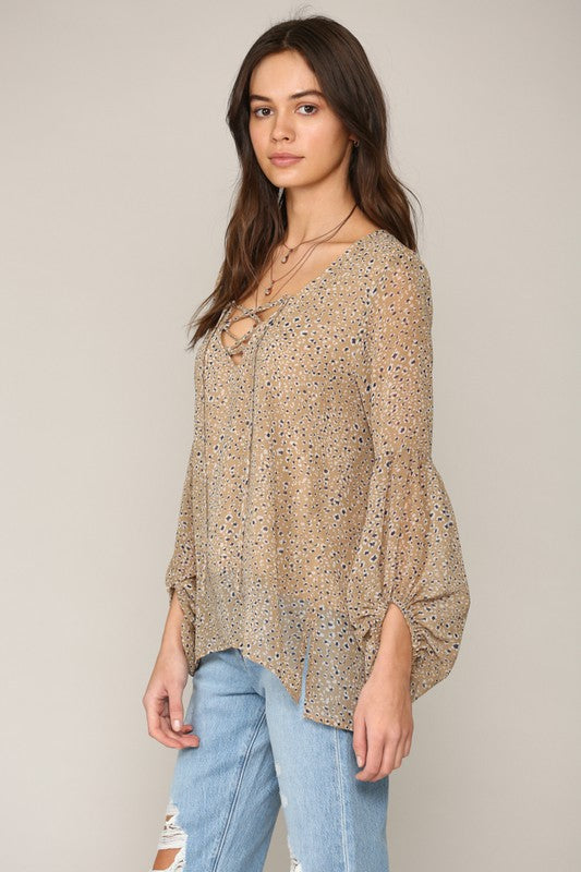 Long Puff Sleeve Laced Up Woven Crepe Chiffon Top